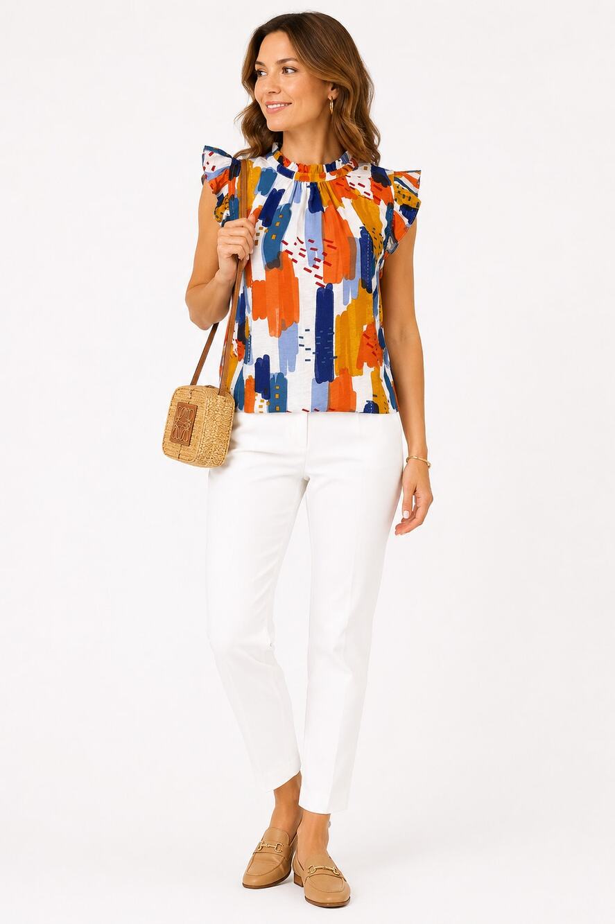 THML Abstract Print Flutter Sleeve Blouse XS Orange Blue White Ruffle Top